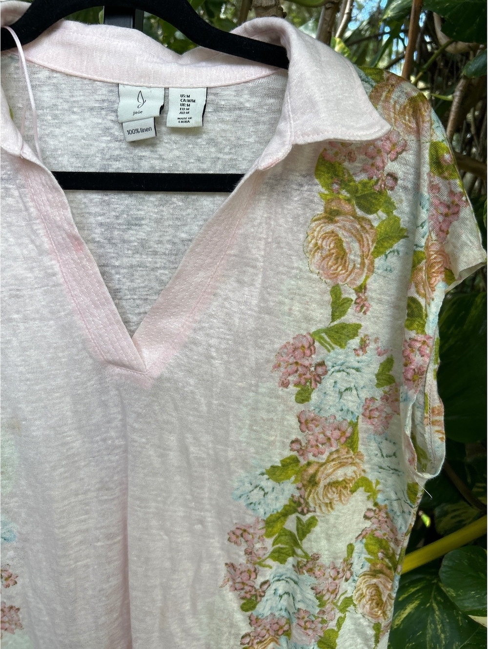 Joie Women's Linen Floral Print Polo Shirt Size M